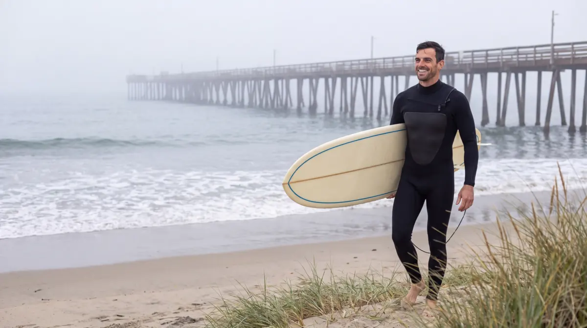 Dec carrying a surfboard along the beach near the pier on a foggy morning