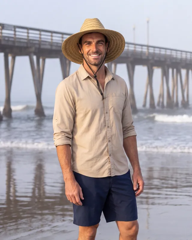 Declan Boyd smiling on the beach in a wide-brim sun hat