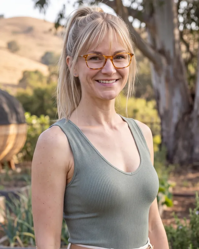 Elise Koskinen smiling in her garden