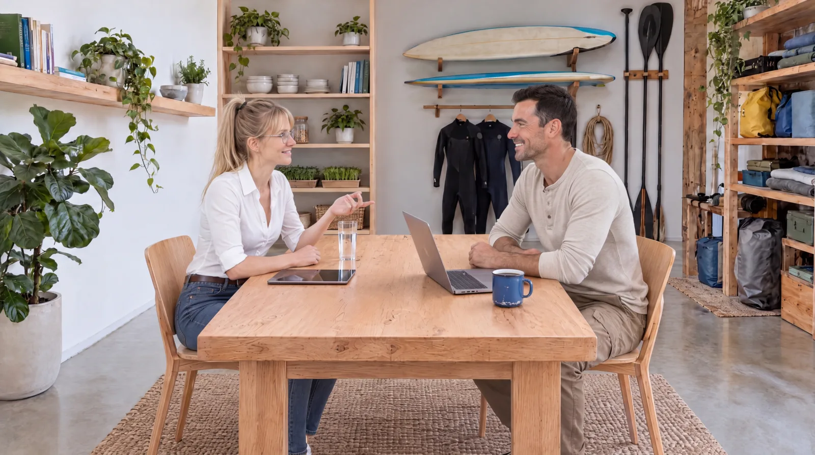 Elise and Dec smiling at each other across the studio table, her tablet and water on one side, his laptop and blue enamel mug on the other