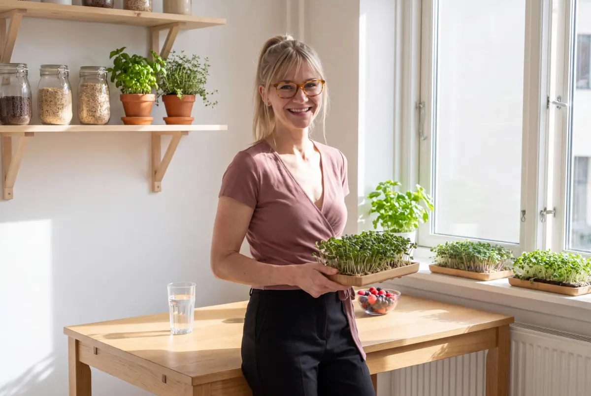 Elise in her kitchen holding a tray of fresh microgreens